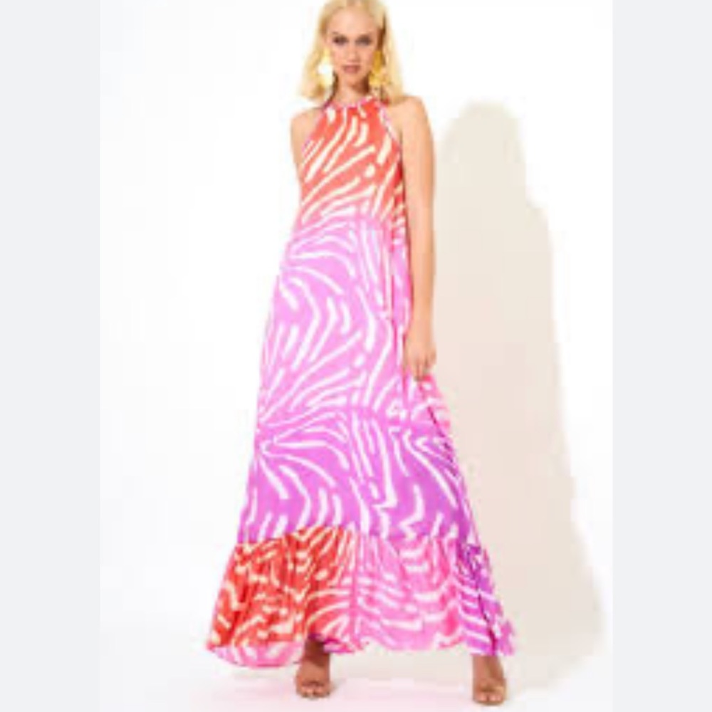 Oliphant tie neck maxi dress in zebra ombré coral XXS